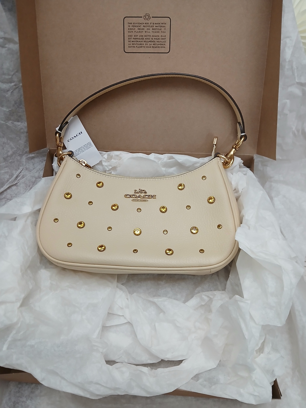 Coach Cream Pebbled Leather Studded Shoulder Bag